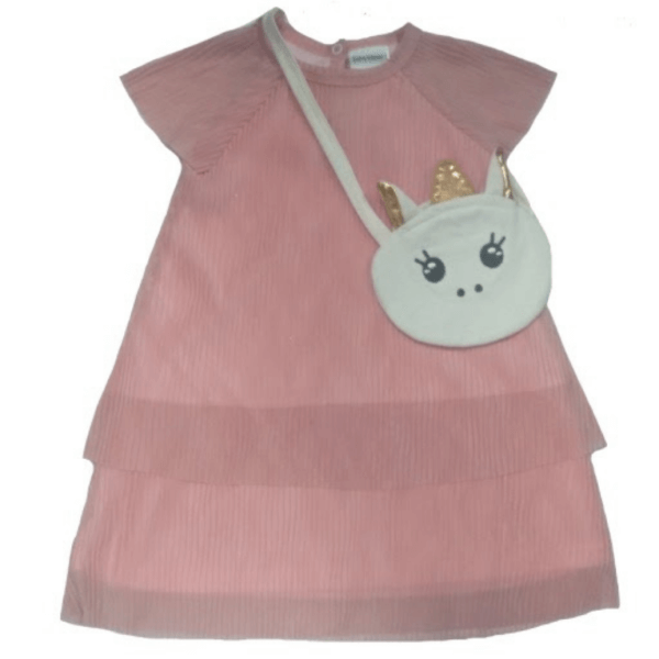 Girl's Dress With Layers And Embroidered Unicorn Purse